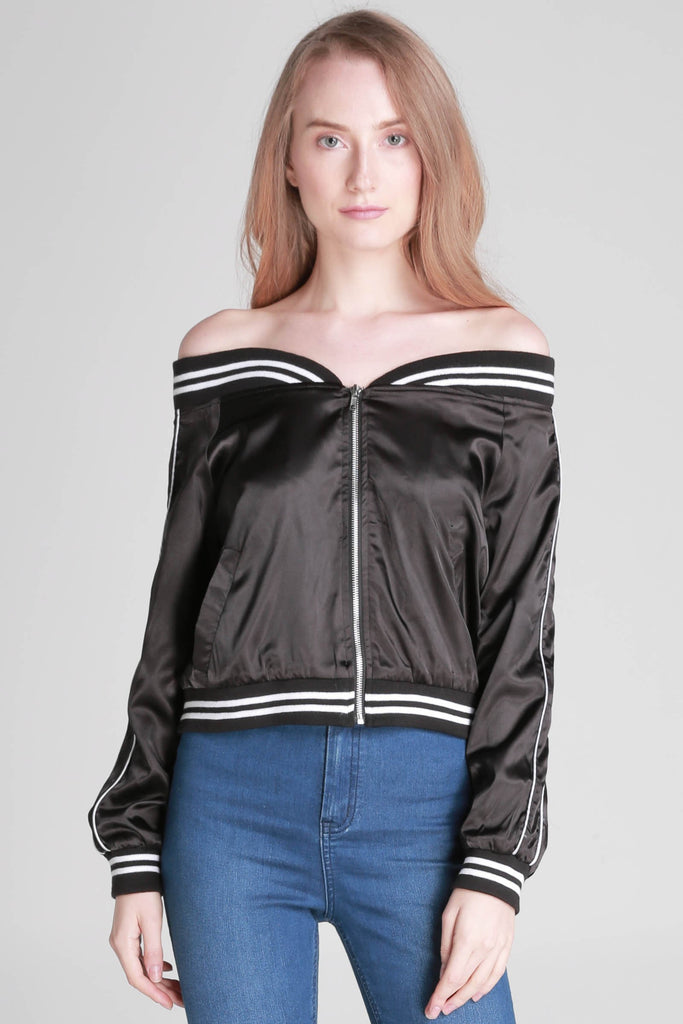 Satin Off-shoulder Bomber Jacket