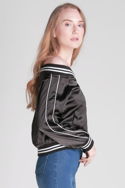 Satin Off-shoulder Bomber Jacket