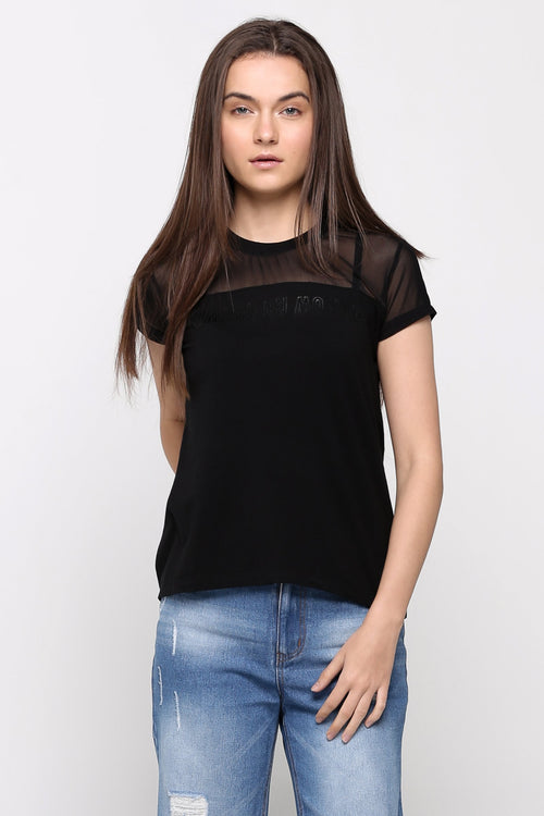 Relaxed Fit Tee With Mesh Cut & Sew