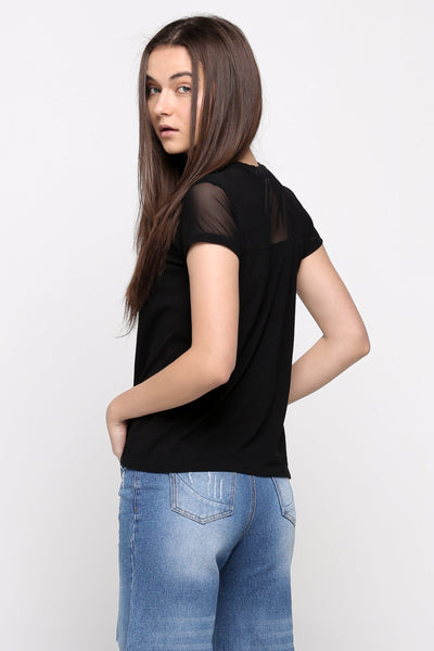 Relaxed Fit Tee With Mesh Cut & Sew