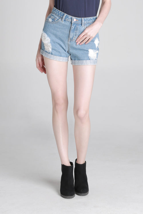High Waist Denim Shorts With Ripped Detail
