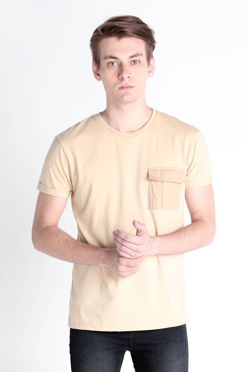 Relaxed Fit Tee With Woven Pocket & Rolled-Up Sleeve Detail