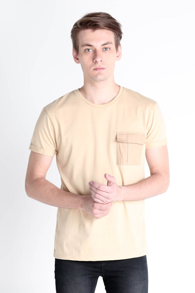 Relaxed Fit Tee With Woven Pocket & Rolled-Up Sleeve Detail