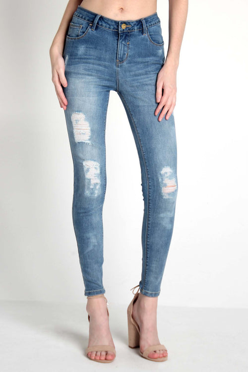 Mid Waist Jeans With Distressed Effect