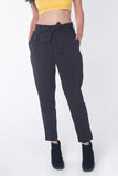 Striped Paper Bag Trousers With Self-Fabric Belt