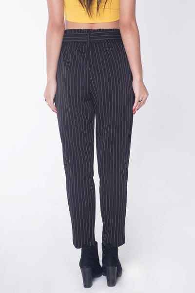 Striped Paper Bag Trousers With Self-Fabric Belt