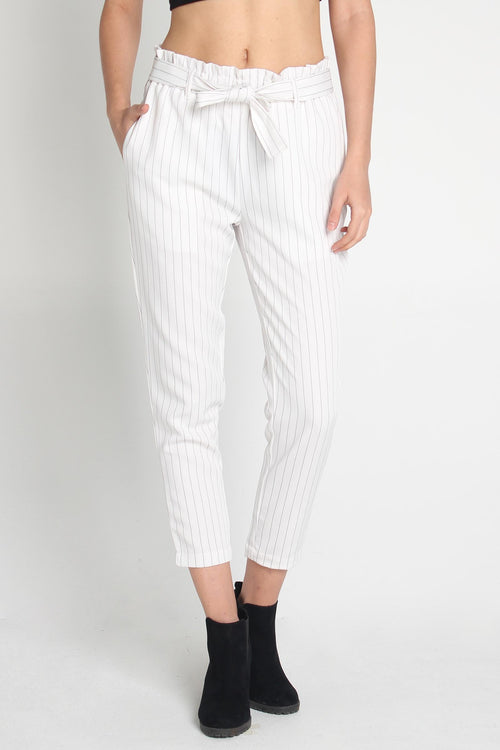 Striped Paper Bag Trousers With Self-Fabric Belt