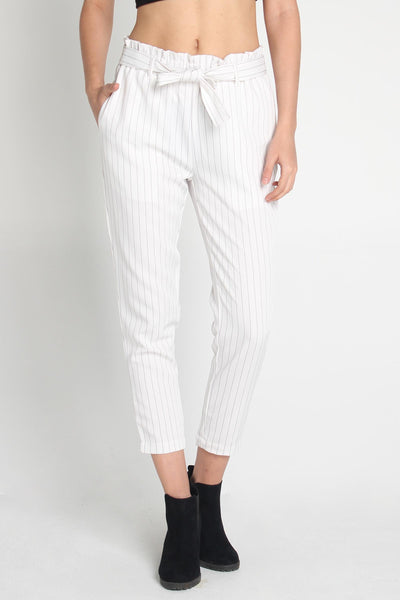 Striped Paper Bag Trousers With Self-Fabric Belt