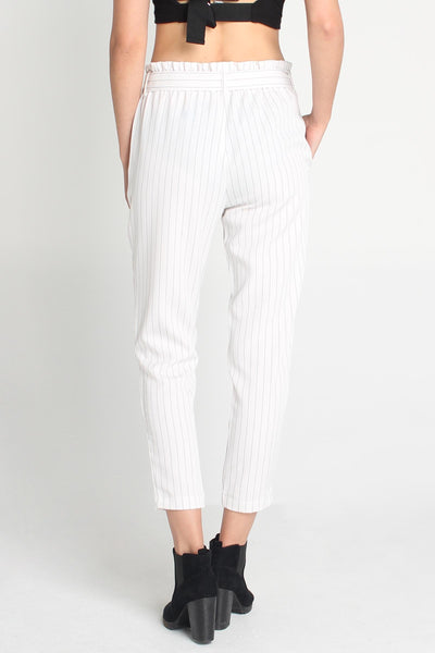 Striped Paper Bag Trousers With Self-Fabric Belt