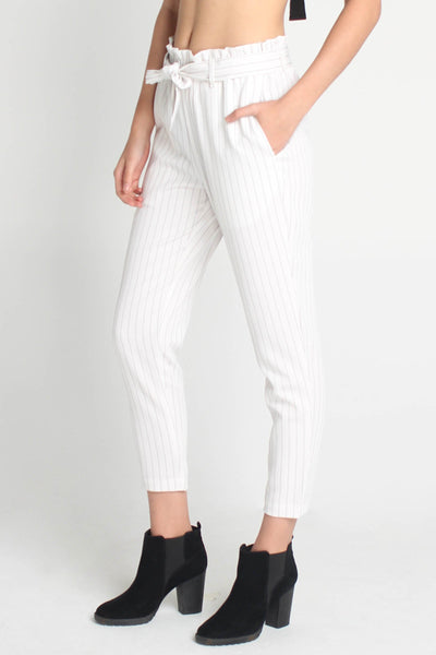 Striped Paper Bag Trousers With Self-Fabric Belt