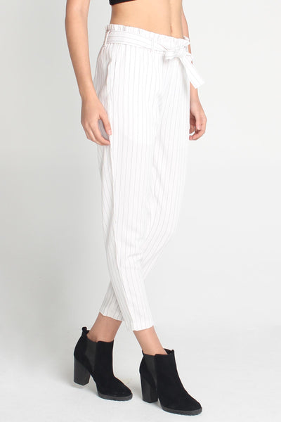 Striped Paper Bag Trousers With Self-Fabric Belt