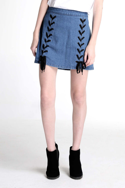 Lace-Up Denim Skirt