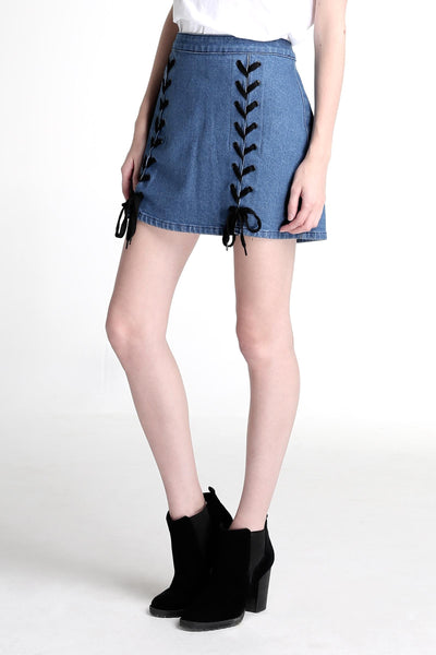 Lace-Up Denim Skirt