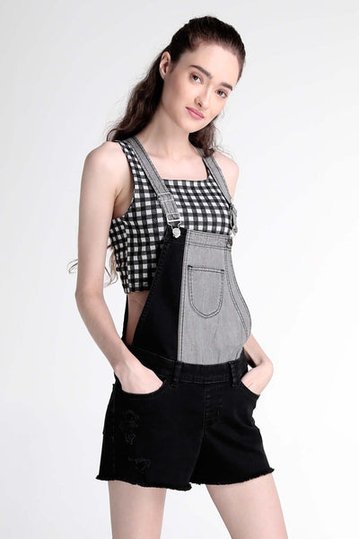 Color-Blocked Jumper Shorts With Frayed Hem